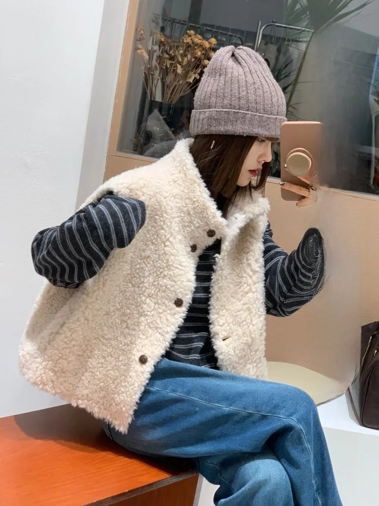 

Feita Women's Casual Lamb Fur Jaet Suede V-Ne Warm All-Match Outerwear Polyester Wool Blend Thiened Loose Fit ort Sle