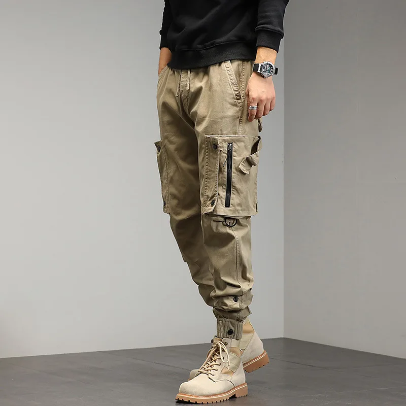 New Mens Cargo Pants Fashion Drawstring Cotton Casual Trousers Men Jogging Streetwear Multi Pocket Solid Color Outdoor Pants Man