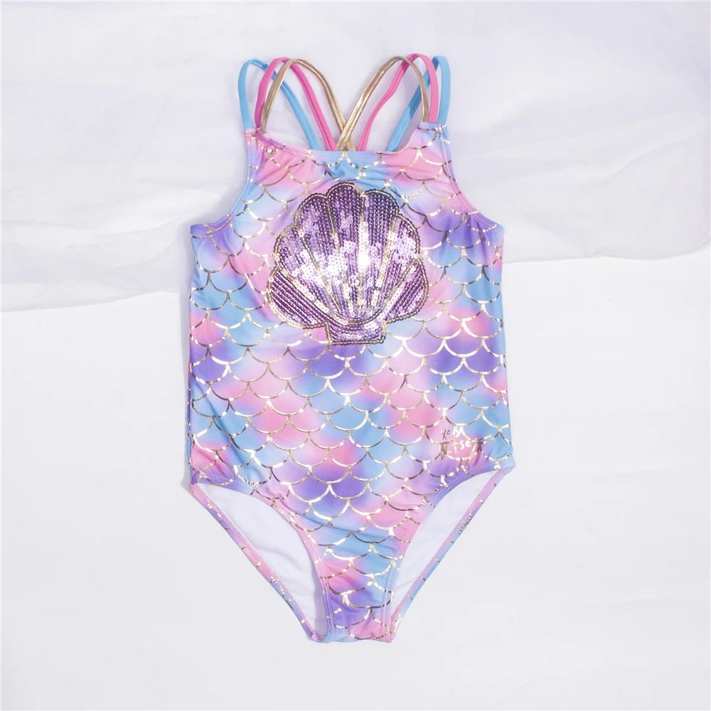 Fishscale Bandage Girls Kids Swimsuit 2023 Shell Shape Embroidery Children Girls One Piece Swimwear Beach Wear Monokini