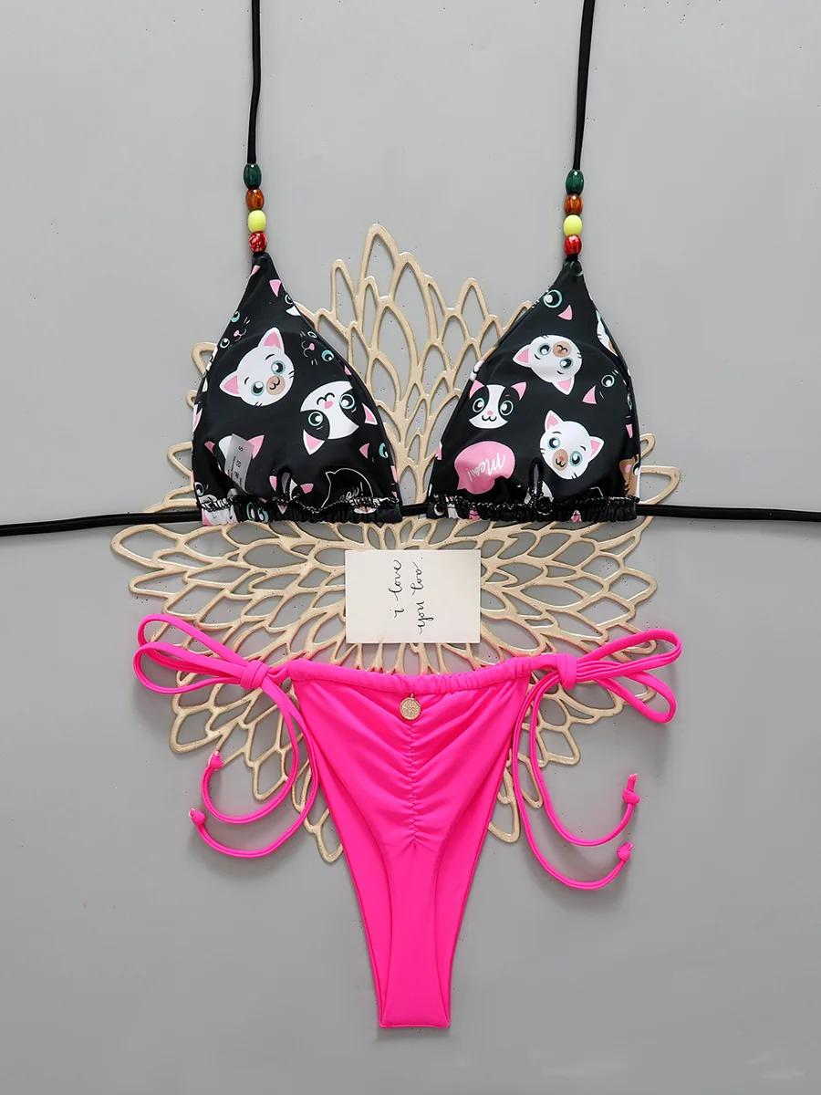 

Микро-бикини 2026: сексуальные женские купальники пуш-ап, бразильский комплект бикини с принтом, бикини с бусинами, летняя пляжная одежда