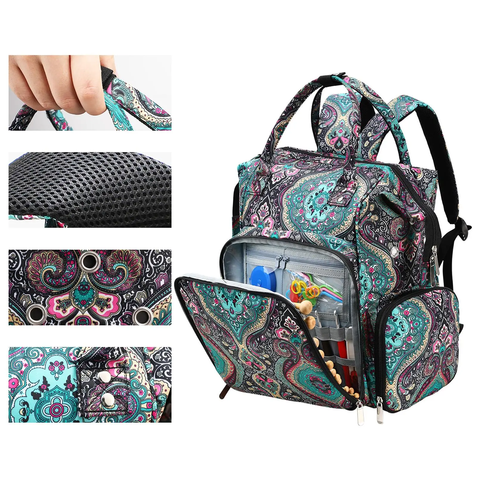 Mochila de crochê fornece bolsa vazia com zíper de armazenamento com vários bolsos para tricô