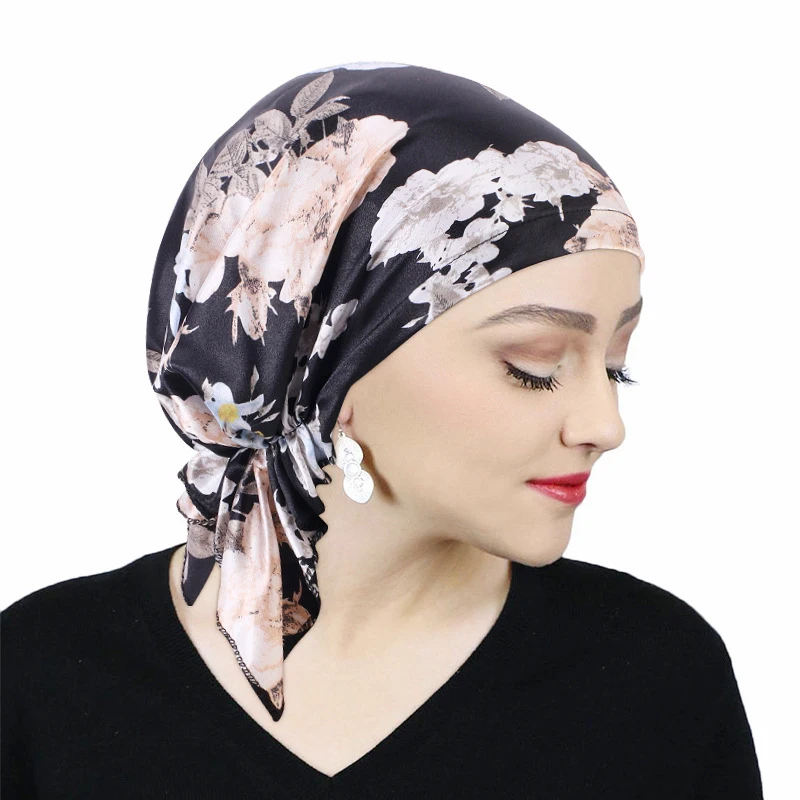 Pre-tied Women Turban Satin 2024 New Flower Pattern Muslim Headband Soft Flexib Hair Scarf Chemo Cap Leadies Head Wrap Bandana