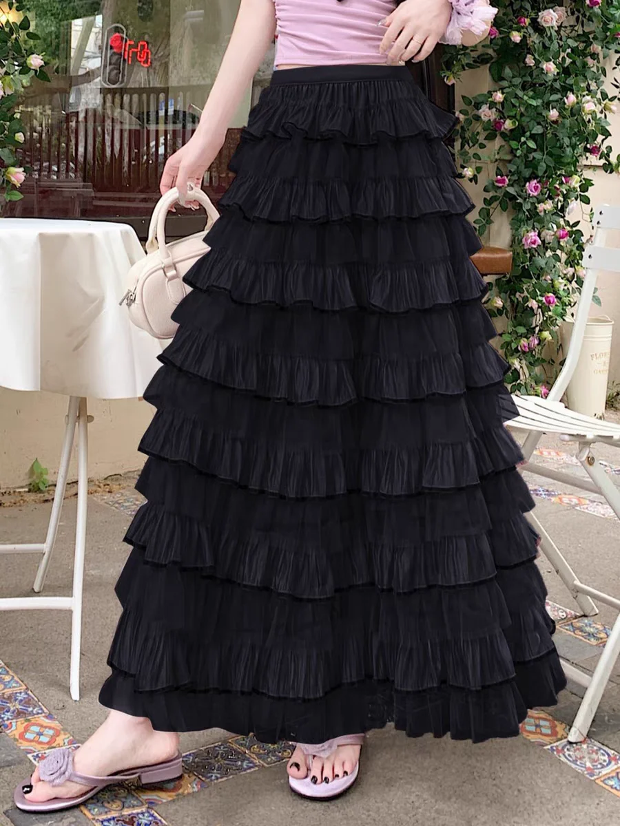 Damska długa spódnica maxi z tiulu z wysokim stanem, letnia spódnica warstwowa z drapowanymi warstwami, elegancka spódnica szyfonowa w kształcie litery A.