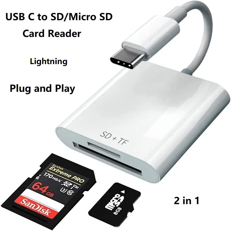 SD Card Reader for iPhone iPad TF/SD Dual Card Slot Type C Memory Card Reader Lightning to SD Card Reader Adapter Camera Viewer