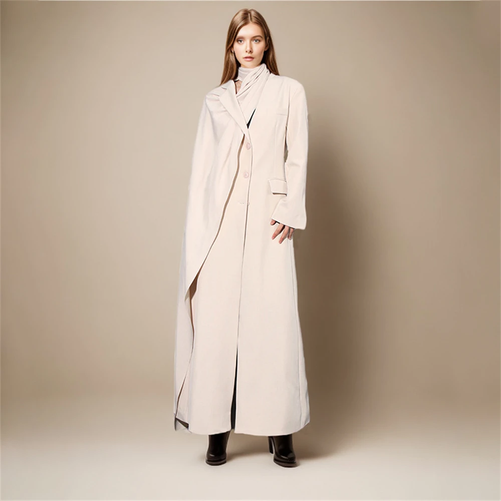 Apricot Long Coat for Women with Scarf Single Breasted Long Sleeve Full Length Jacket 2024 New Trendy Fashionable Pageant Wear