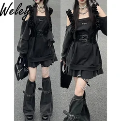 Harajuku Y2K Punk Loose Hoodies Dress Two Pieces Suit Women Socks Grey T-shirts Vestidos Long Sleeve College Girls Dresses Sets