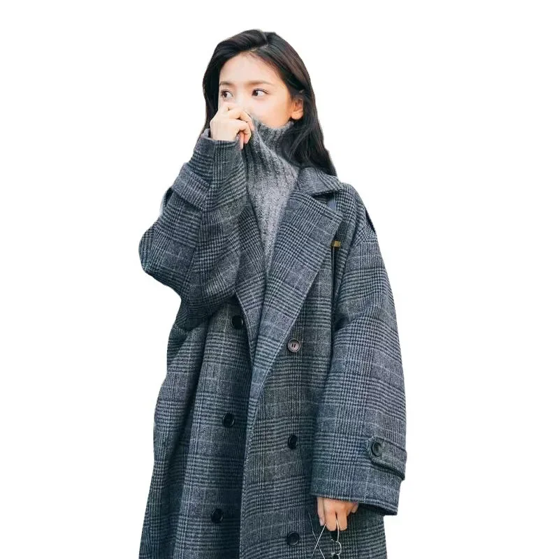 Large size women\'s clothing fat sister autumn and winter thickened cotton woolen coat long double-breasted woolen coat trench