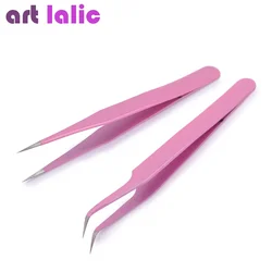 Roze roestvrijstalen pincet, rechte en gebogen pincet, wimperverlengingsgereedschap, nail art accessoires, 2 stuks