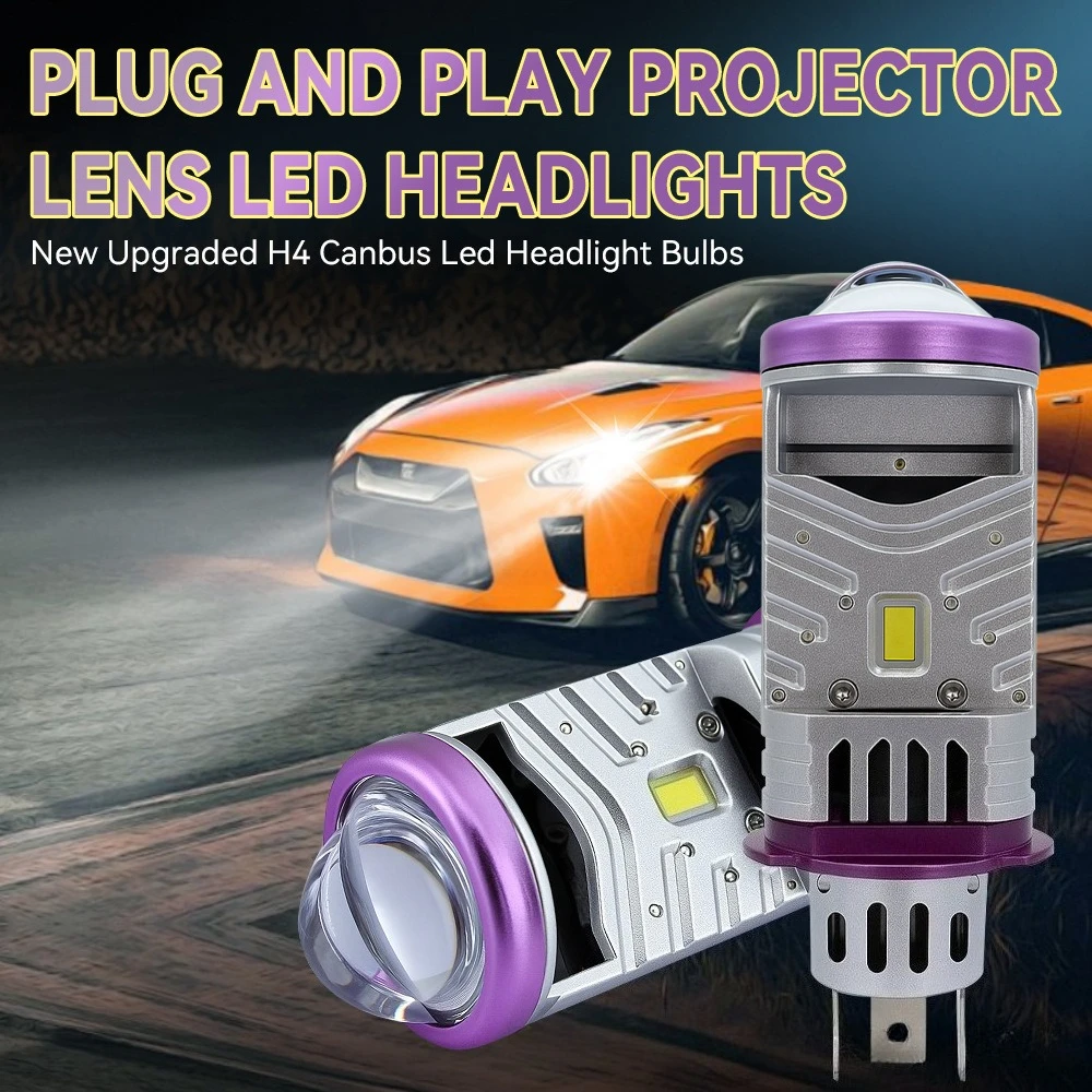 100W Plug & Play H4 Projetor Bi LED Lens High Power Ultra Bright High Low Beam Integrated LED Headlight for Car Replacement 12V