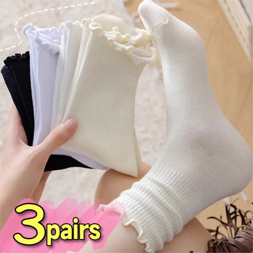 

Ruffle Socks for Women Mid Crew Middles Tube Ankle High Breathable Black White Beige Female Fashion Cotton Socks Comfort