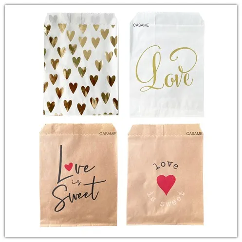 New Style Love Is Sweet Wedding Candy Bag Party Favor Paper Bags Heart Love Printed Paper Craft Bags Bakery Bags Valentine\'s Day