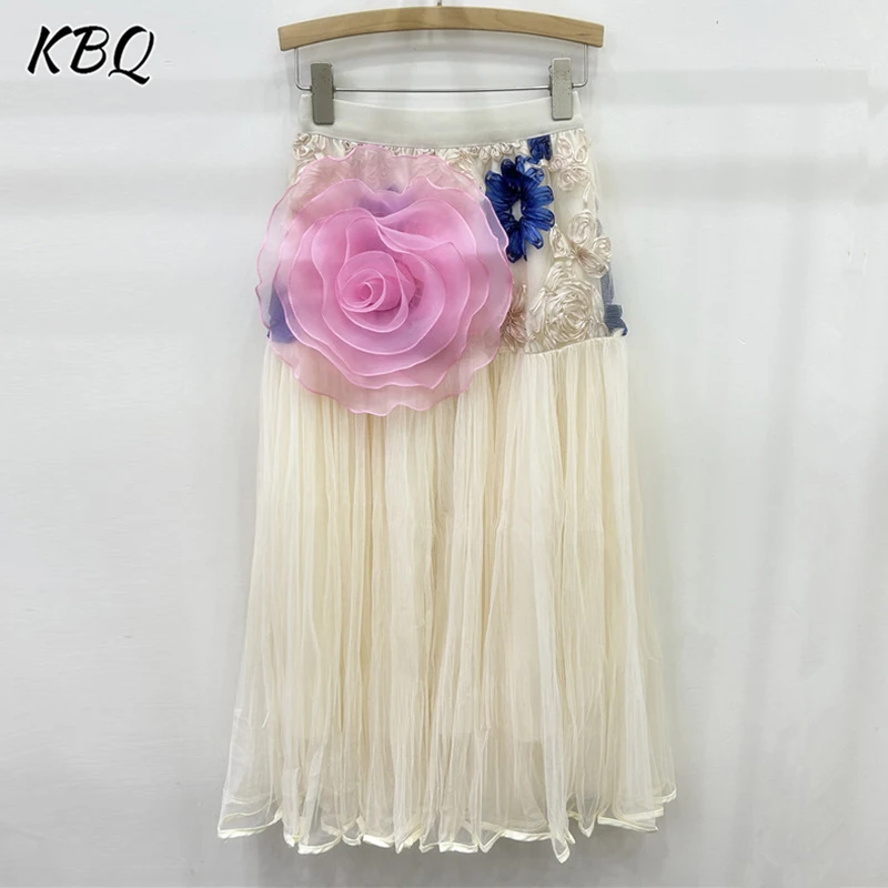 KBQ New Hit Color Embroidery Spliced Appliques Chic Skirts For Women High Waist Wlastic Waist Temperament Loose Skirt Fashion