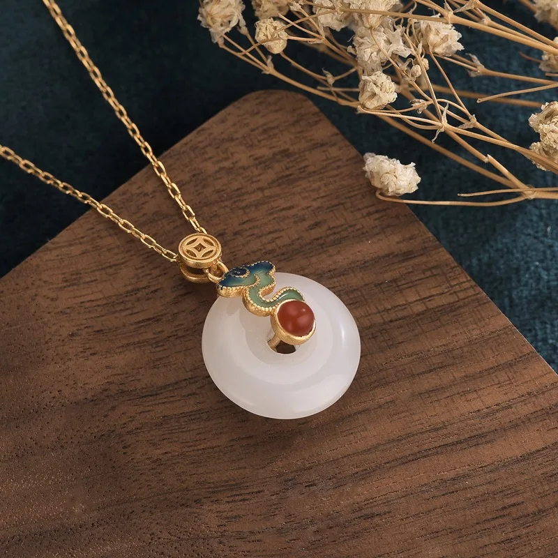 Chinese Style Ancient Method Gold Hetian Jade Necklace Pendant Enamel Colorful Auspicious Cloud Craft Clavicle Chain Necklaces