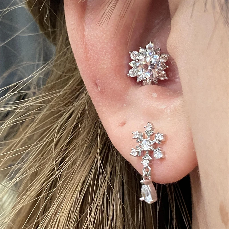 1PCS Snowflake Zircon Stainless Steel Ear Bone Nail Shiny Full of Rhinestone Screws Earrings Cochlea Piercing Body Jewelry
