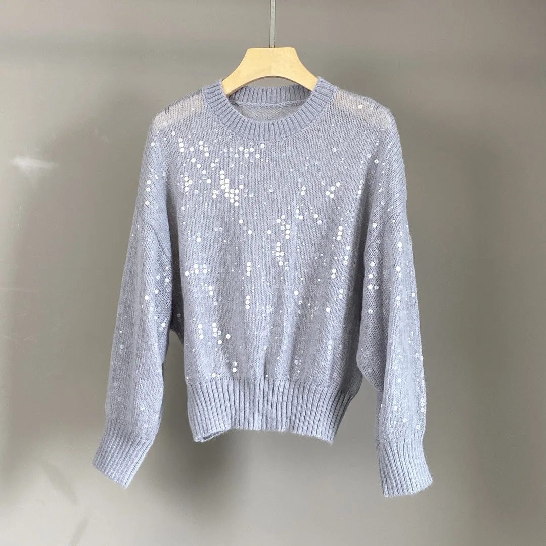 

Women's Autumn and Winter New Sequin Round Neck Blended Long Sleeve Sweater Pullover Top All-match