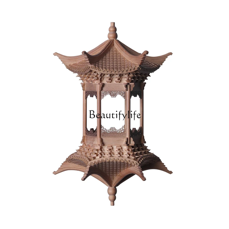 Hexagonal pavilion Chinese zen solid wood simulation ancient building model entrance air pendant