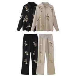 Zach Ailsa 2024 Summer New Product Women's Satin Texture Sequins Heavy Industry Embroidered Shirt High Waist Long Pants Set