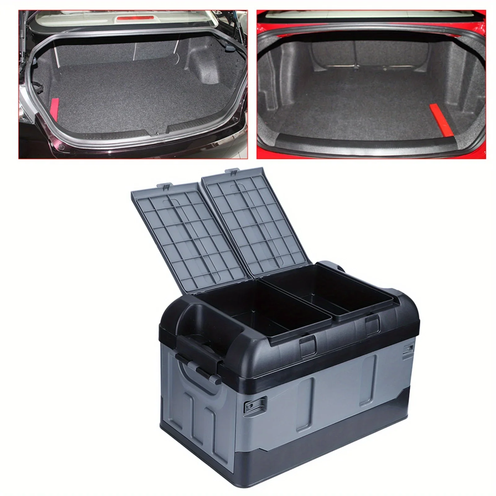 45L Collapsible Car Trunk Storage Box 60kg/ 132. 28Ib Load Organizer High Cover Two Compartments for Home Auto