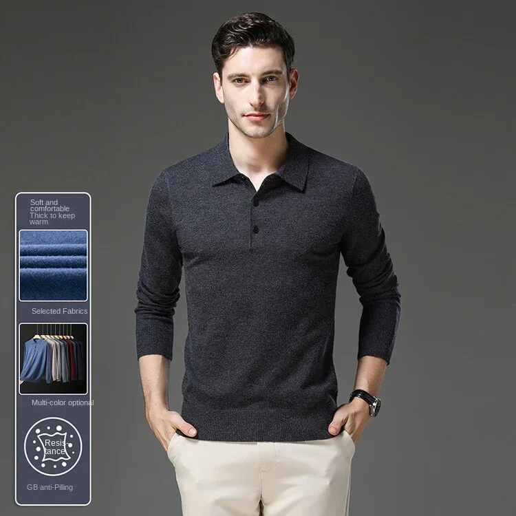 High Quality Casual Men's Polo Sweater  Warm Comfortable Long Sleeved Woollen Pullover Lapel  Knit Sweater