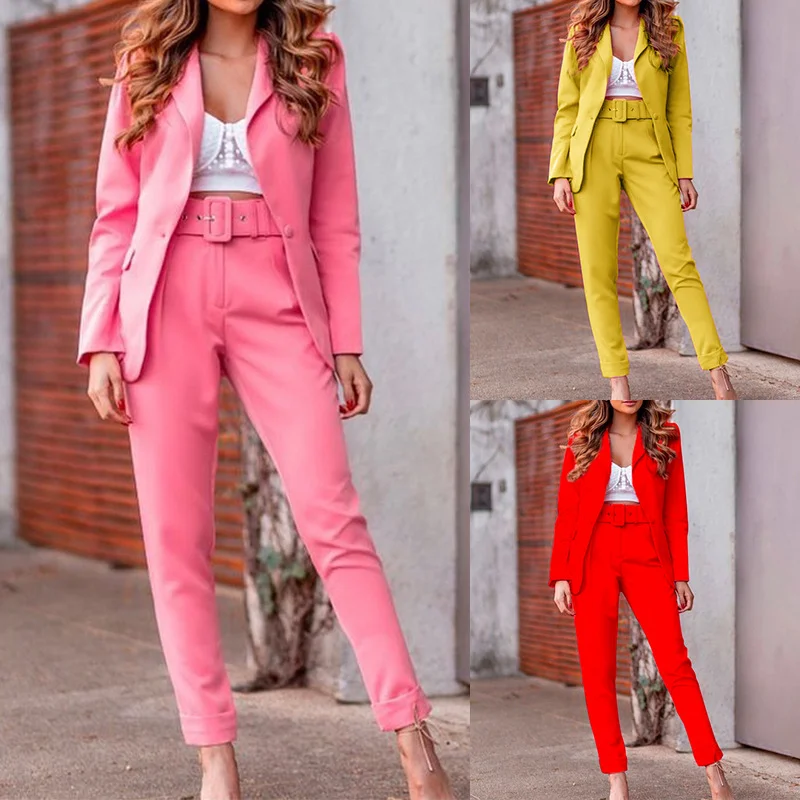 Casual Buttonless Short Blazer with Free Belt Pencil Pants Suits 2023 Women Solid Colors V-Neck Slim Blazer New Simple Pants Set