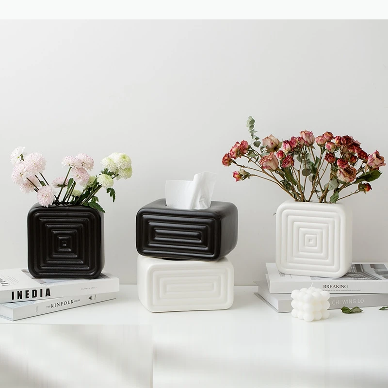 Ceramic Vase Geometric Stripes Tissue Box Desktop Storage Container Flower Vase Home Decoration Accessories