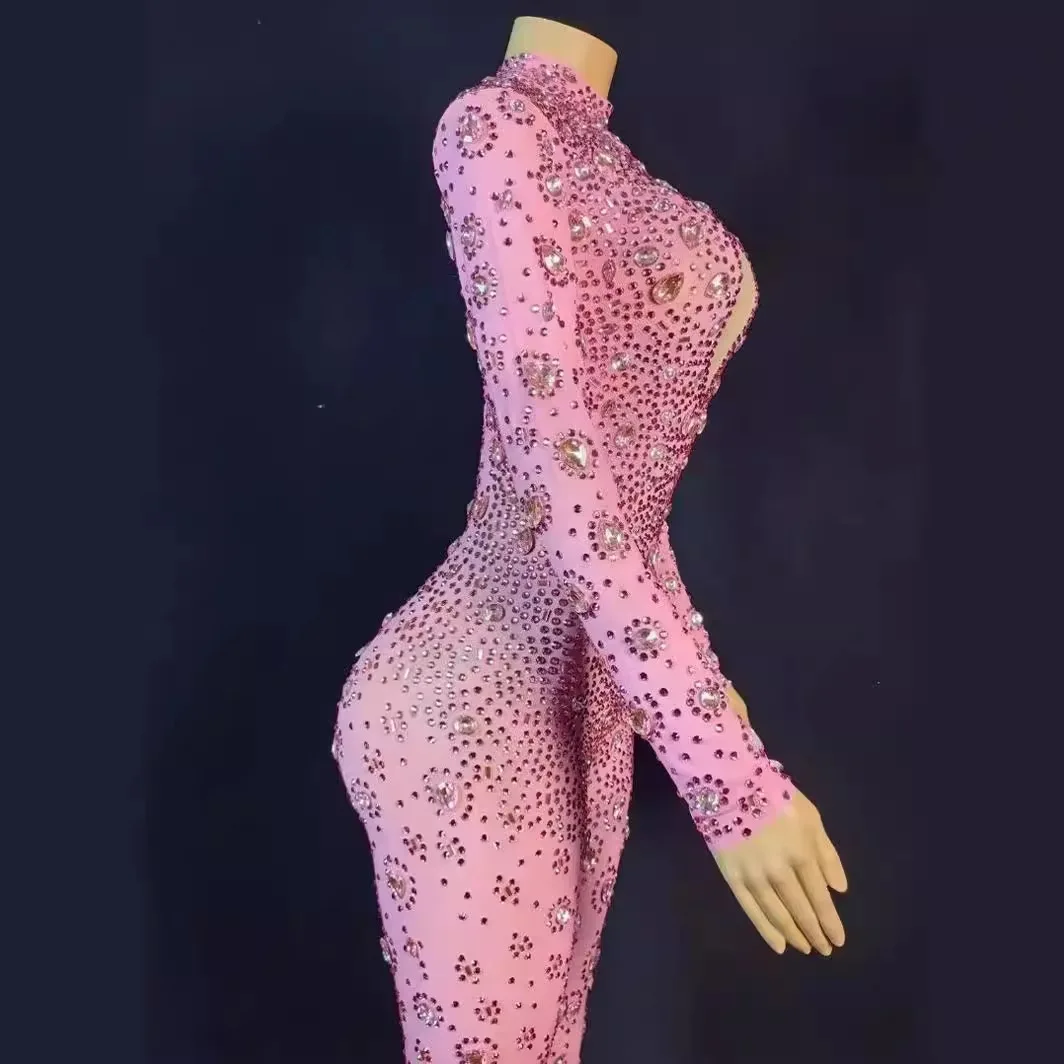 Performance Wear for Ladies High End Jumpsuit With Rhinestones for Singers High End Elastic Jumpsuit for Woman