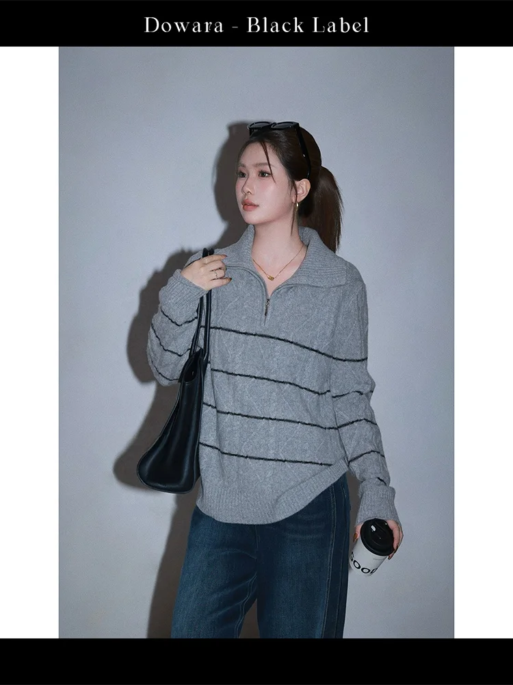 

Женский вязаный шерстяной свитер больших размеров на молнии, в полоску, повседневный, теплый, с длинными рукавами, высоким воротником, зимний, модный