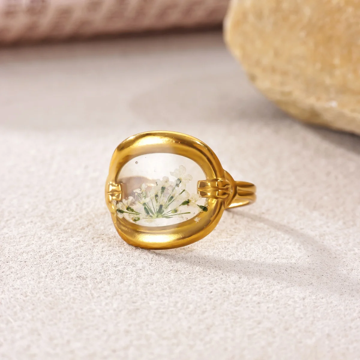 Elegante geometrische ovale Blumenringe für Frauen, goldfarben, Edelstahl, Öltropfen-Ring, Party, Hochzeit, Schmuck, Geschenk – Detail 5