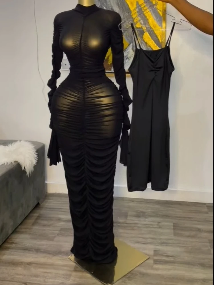 Women Flare Long Sleeve Stacked Ruched Mesh See Though with Tank Dress Maxi Long Dress 2025 Birthday Sexy Party Dresses