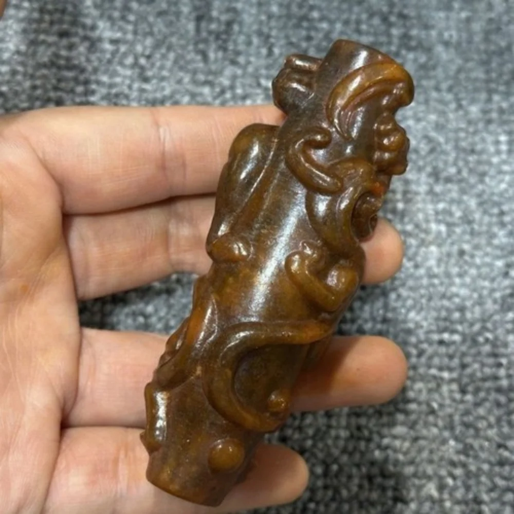 China Ancient Antique Xiuyan Jade Old Carved Jade Ornament Dragon Bead Feng Shui Wealth Collection Crafts Home Desk Statue
