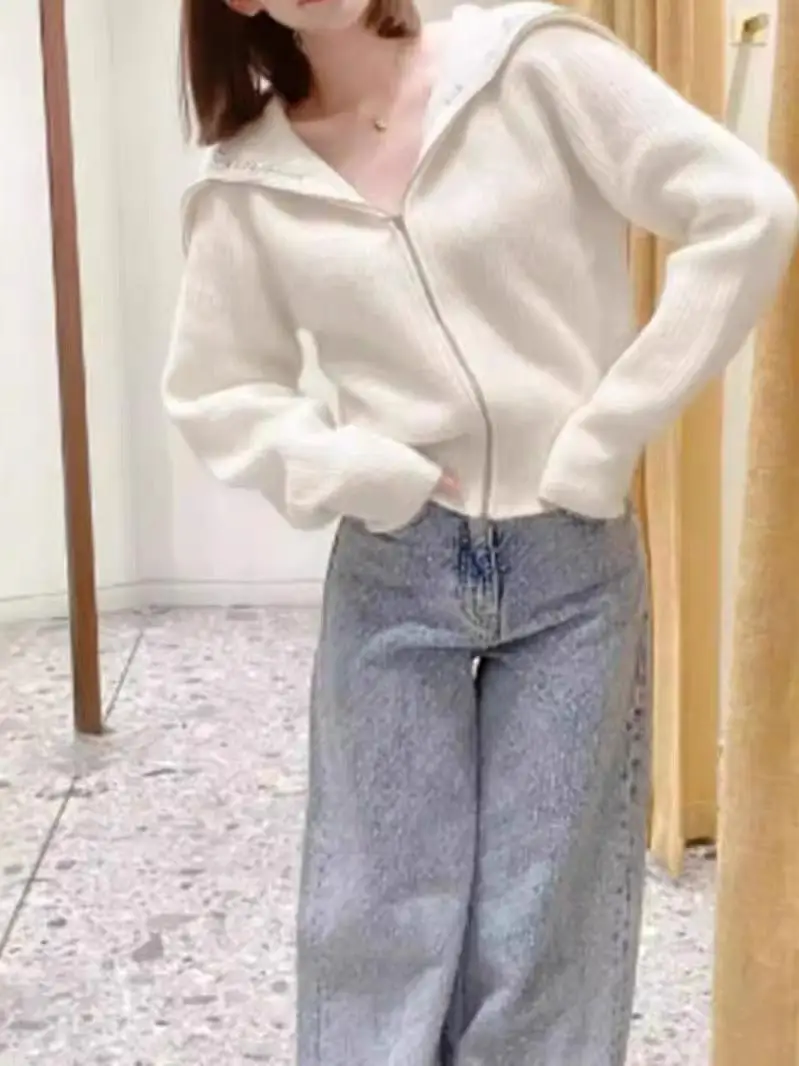 

M Home 2023, осень-зима, новый вязаный открытый кардиган с большим воротником и молнией, шерстяной свитер с завязками на талии