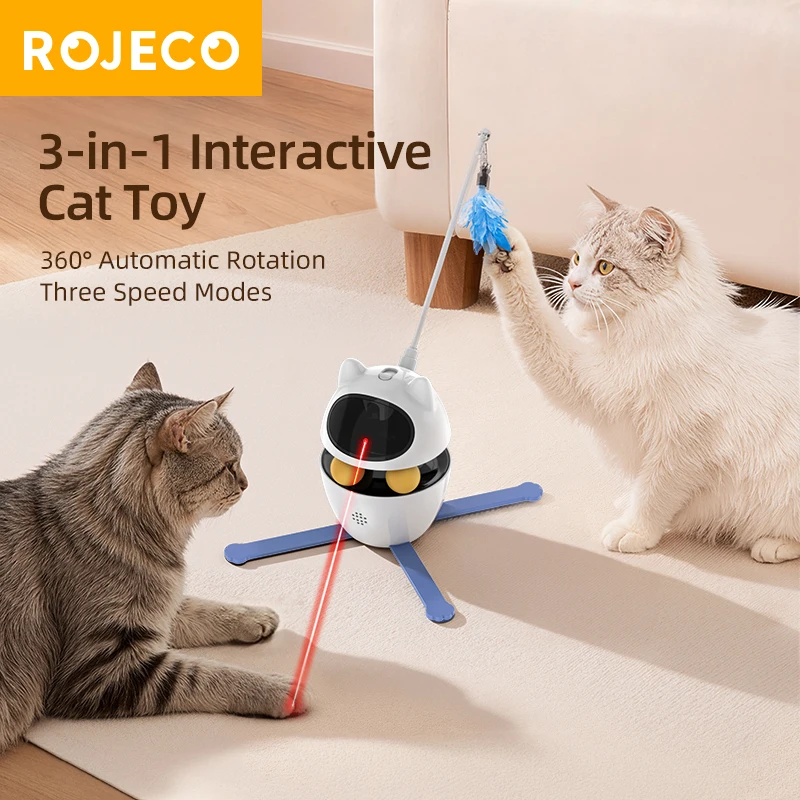 ROJECO 3 in 1 Smart Cat Toys 360 ° Laser Rotating 3 Replacement Feather Fun Cat Teaser Stick Interactive For Pet Toy Accessories