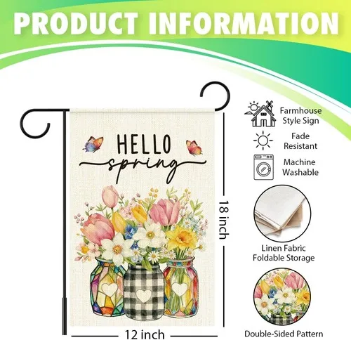 Hello Spring Garden Flag,Floral Mason Jar Outdoor Flags for Garden, 12x18 Inch XXQ