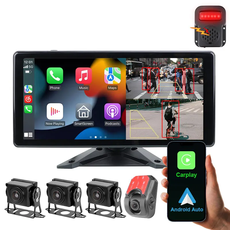 

10.36" 4CH AI Smart Blind Spot Radar BSD Alarm Wireless Apple Carplay Android Auto DVR Monitor Fisheye 170 Cam for Truck Bus