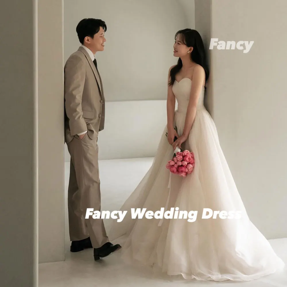Fancy Princess Sweetheart Korea Wedding Dress A Line Sleeveless Bridal Gown Soft Tulle Back Corset Customized