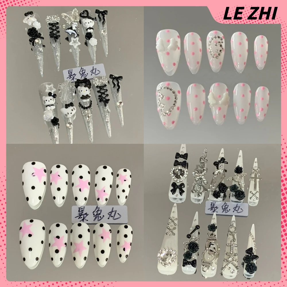 

10Pcs Spicy Girl Long Coffin Duck-Bill Shape Handmade Press On Nails Y2K 3D Flowers Diamond Leopard Print Full Cover Nails