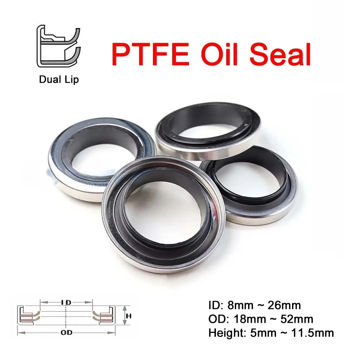 

1Pcs PTFE Lip Oil Seal With Stainless Steel Housing Dual Lip Screw Air Compressor Spare Parts ID x OD x Height 8x18x6~26x42x10mm
