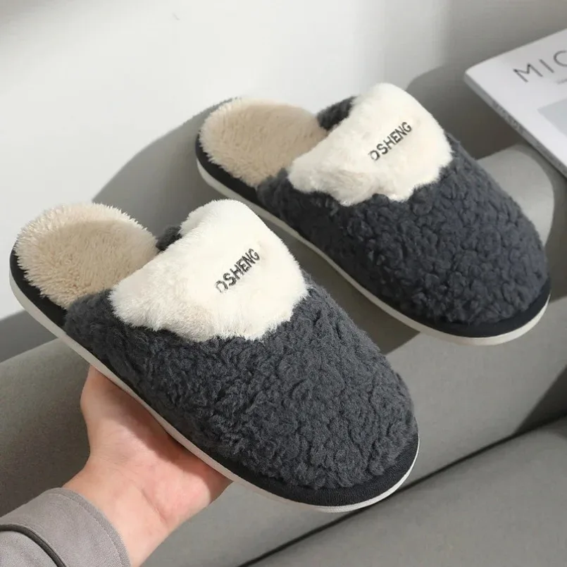 House Slipper Women Winter Warm Fuzzy Fur Contton Plush Non Slip Grip Indoor Lazy Female Floor Shoe Flat Furry Male Men Footwear