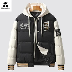 Winter Jacket Men's Fashion Thickened Fake Two-Piece Hooded Parka Japanese-Style Harajuku Embroidered Down Cotton Padded Coat