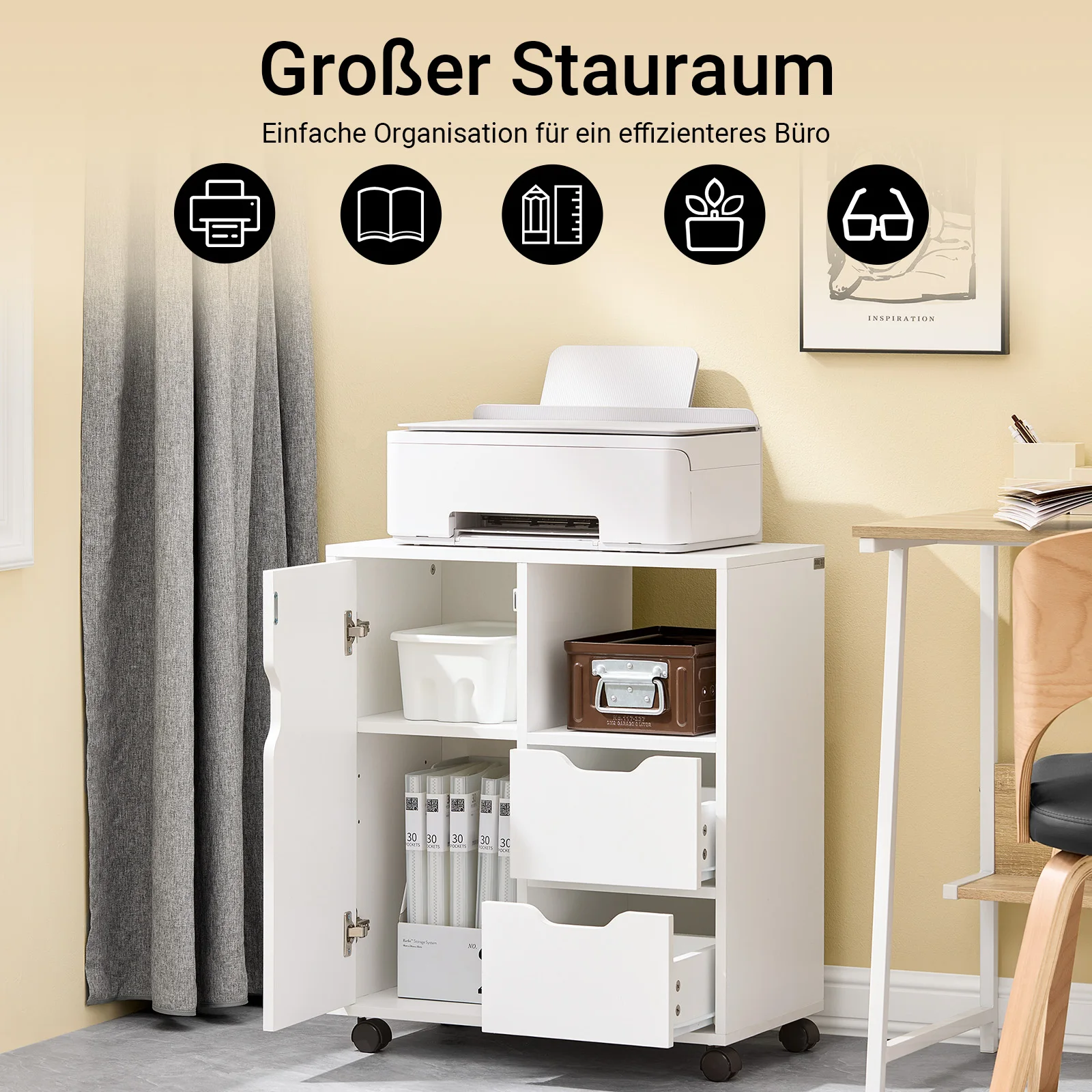 SoBuy FBT105-W Druckertisch mit 2 Schubladen und 1 Tür Aktenschrank Rollcontainer Bürowagen Beistellwagen Bürocontainer weiß – Detail 6