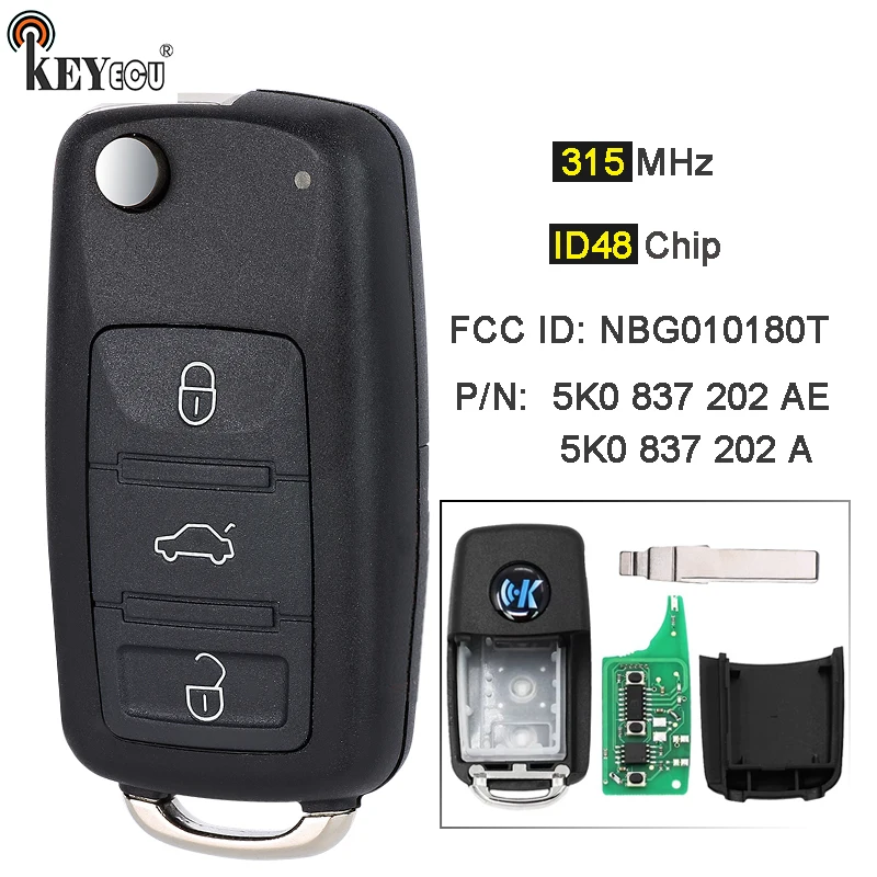 

KEYECU 315 МГц ID48 чип NBG010180T, 5K0 837 202 A / 5K0 837 202 AE дистанционный брелок для Volkswagen Golf GTI Jetta Touareg Passat