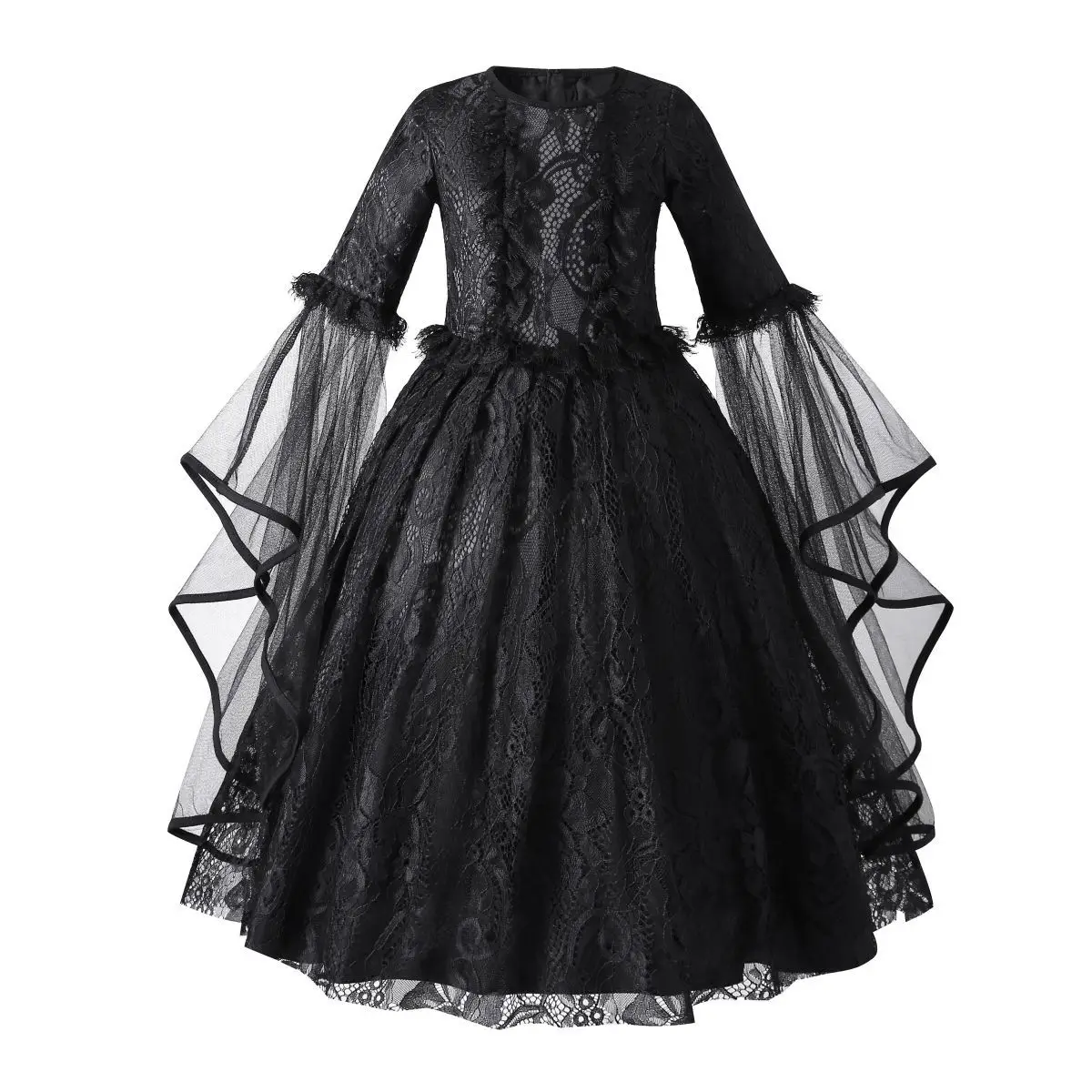 Kids Gothic Role Play Witch Princess Dress Black Floral Lace Flared Bell Sleeve Gown Girls Maleficent Halloween Cosplay Costume