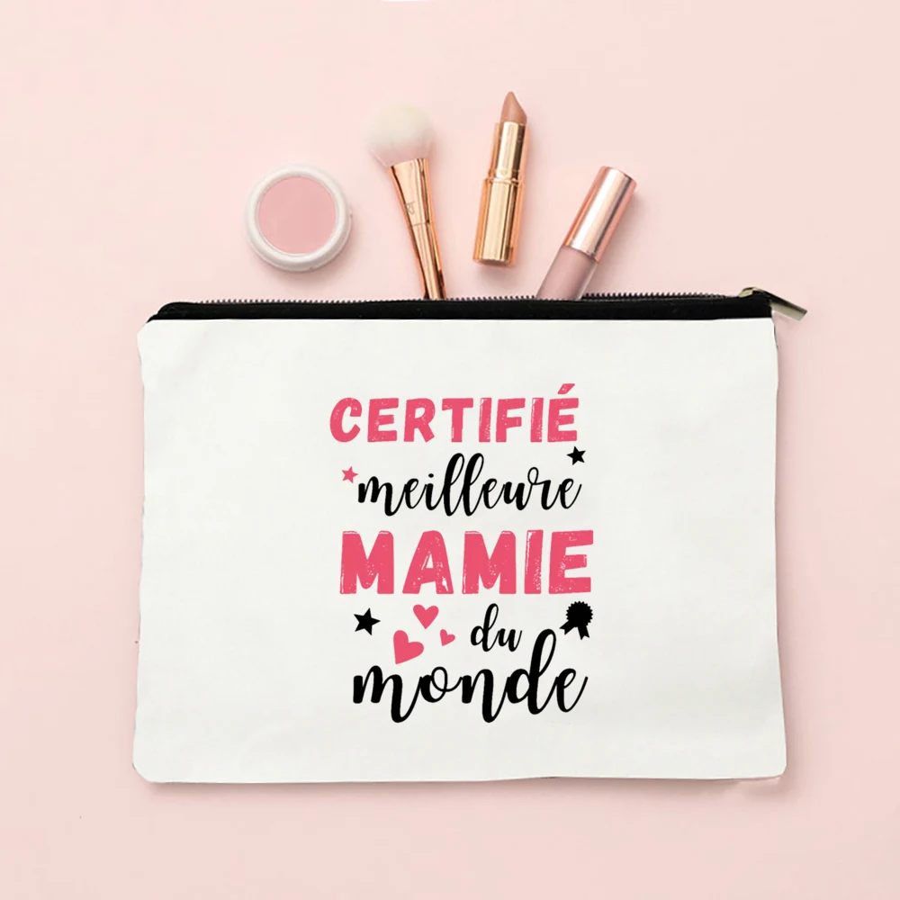 Mamie Gifts Bolsa de maquillaje La mejor abuela del mundo Bolsas de cosméticos con cremallera estampadas Neceser de viaje Bolsa de aseo Anuncio de