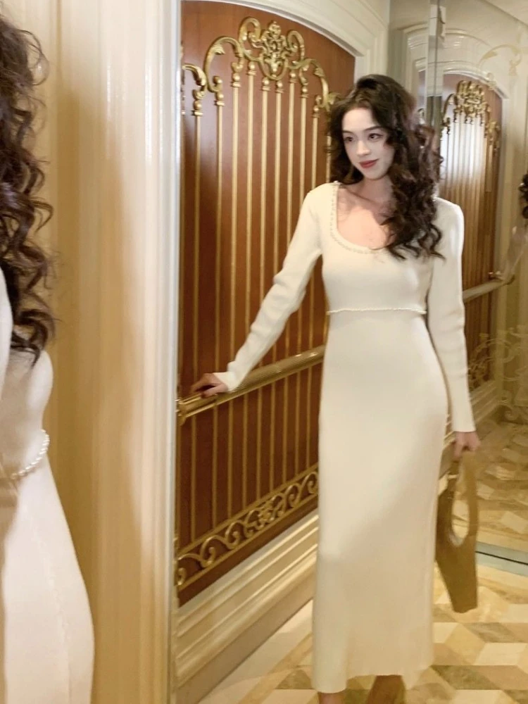 Robe en tricot pour femmes, perles, élégante, confortable, tendance coréenne, Harajuku, haute qualité, rétro, robes au Crochet, fête de bal, nouvelle collection