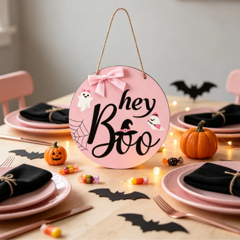 Boo Circular Wooden Door Sign for Halloween Decoration Handmade Wood Craft Spooky Theme Party Decor 25cm x 15cm Size