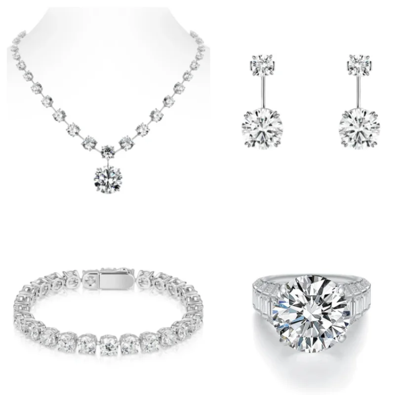 Bellux 925 Silver Synthetic Zircon White Round Super Shiny Diamonds Fashion Necklace Earrings Bracelet Ring Jewelry Set