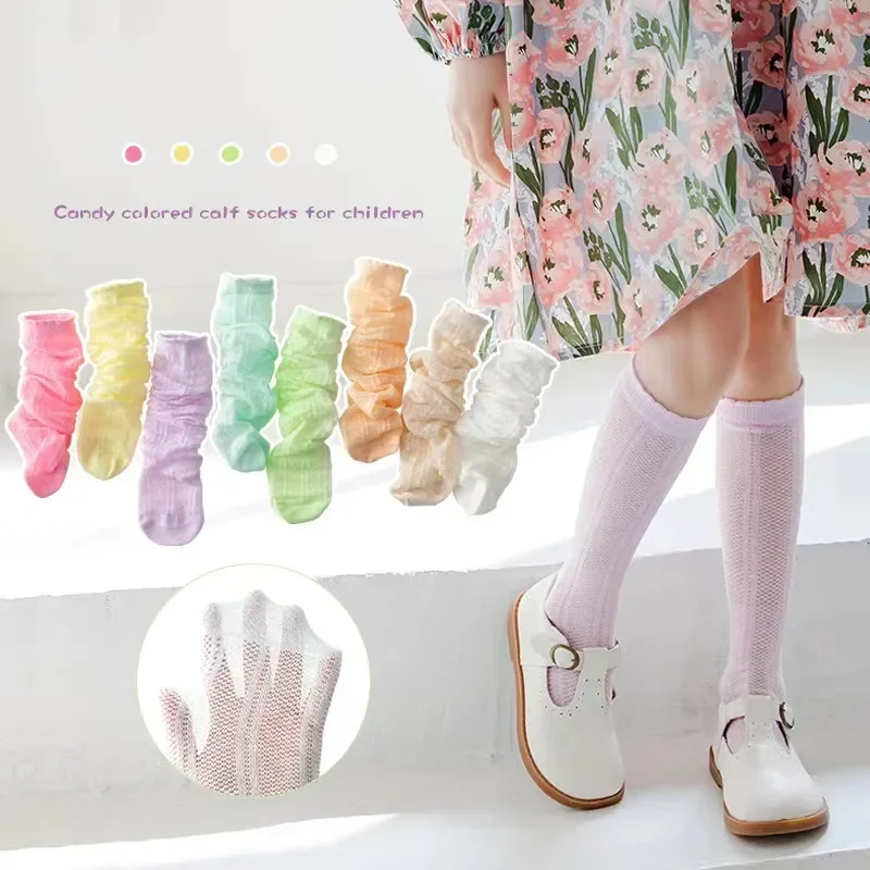 Korean Version Candy Colored Calf Socks Kids Summer Thin Breathable Stockings Girl Baby Mesh Mosquito Repellent Hollow Tights