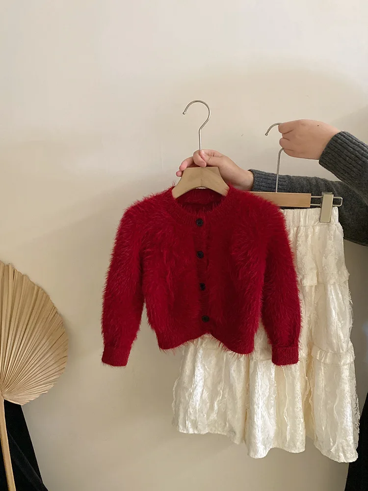 

Girls' Faux Mink Fur Red Sweater Cardigan Autumn Winter New Lace Velvet Fleece Skirt Set Trendy