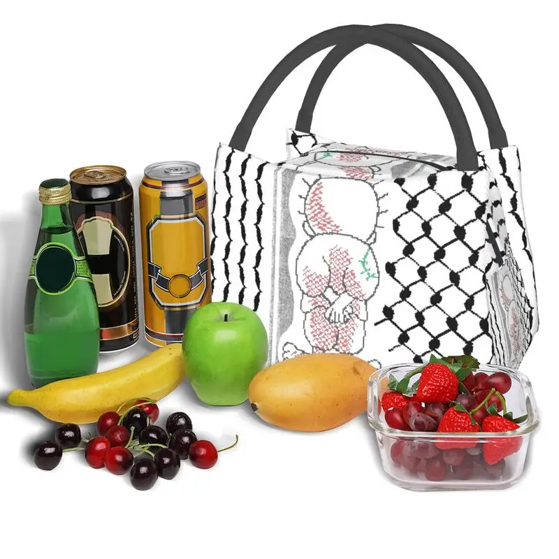 Custom Palestinian Handalah Palestine Kufiya Pattern Insulated Lunch Bags Tatreez Embroidery Resuable Thermal Bento Box