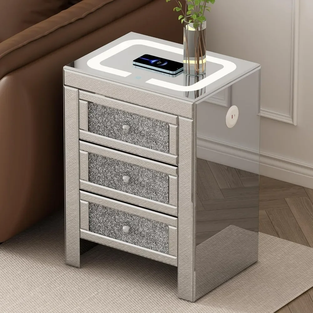 Mirrored Nightstand, LED Lights and Wireless & USB Charging with Crystal Inlays, Mirror Finish and 3 Drawers, Silver Nightstands